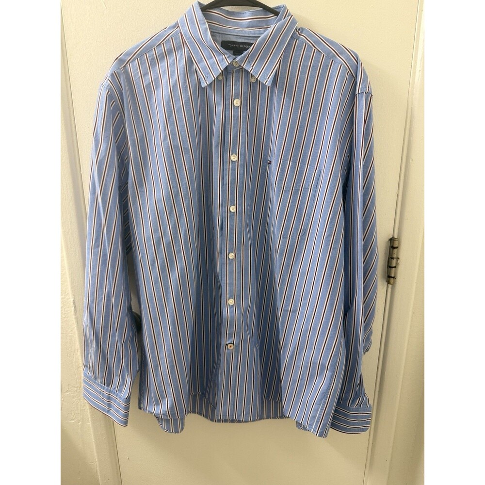 Tommy Hilfiger Men's XL Classic Fit Striped Button-Down Shirt Blue White Red